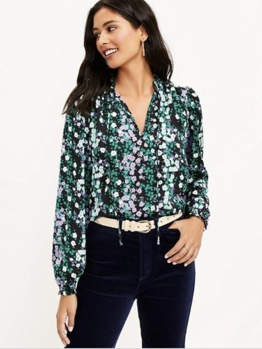 NWT Loft Floral Tie Neck Blouse Large